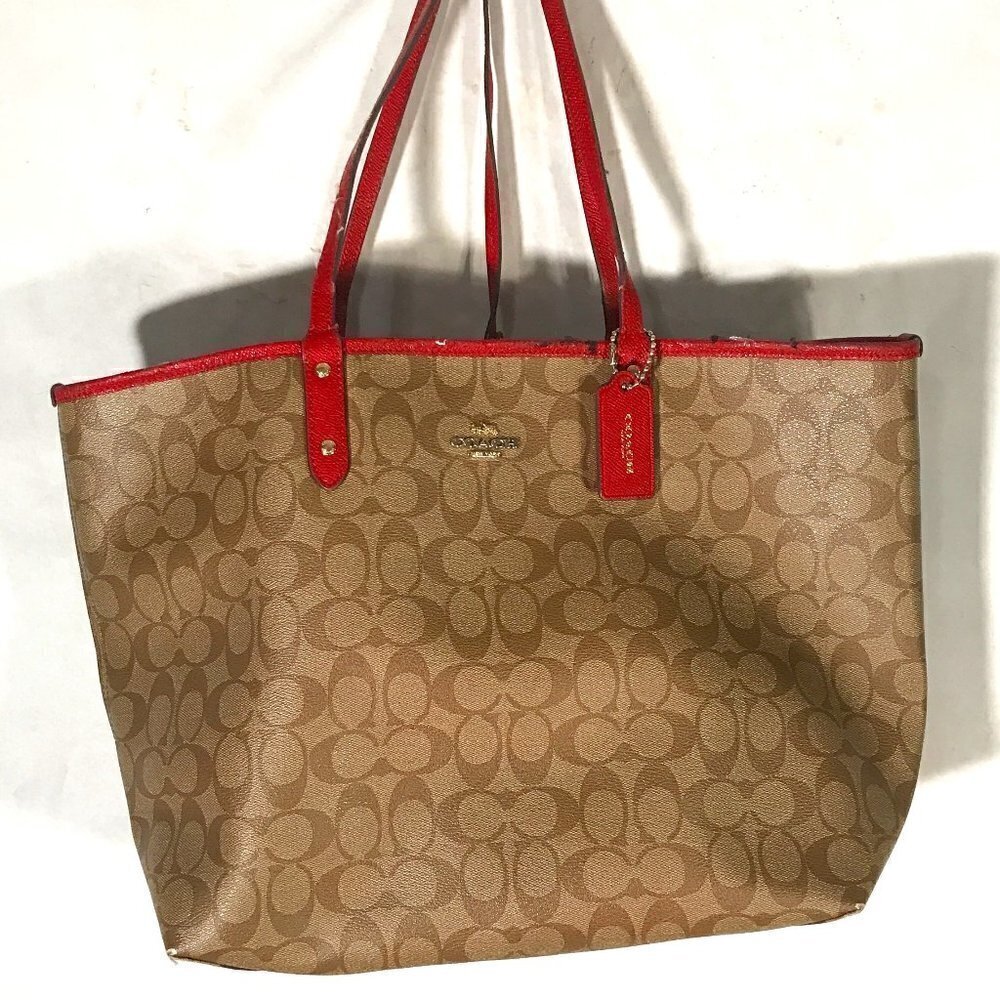 Vintage COACH Genuine Leather Women Brown Red Hand Shoulder Bag Purse - Picture 1 of 10